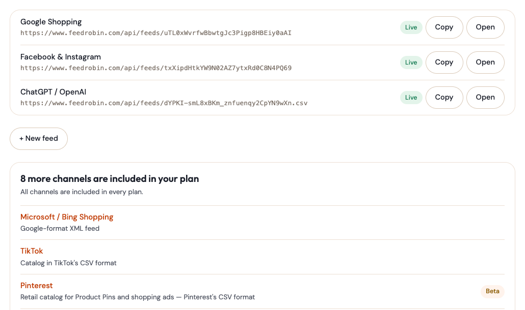 Feeds: one link per channel, and the channels included in the plan